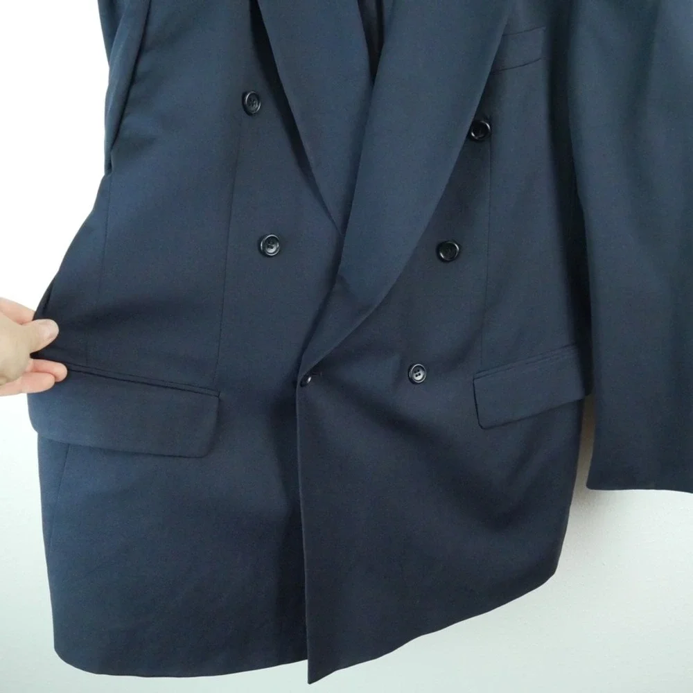Hugo Boss Navy Blue Double Breasted Wool Blazer Jacket 44R Vintage Oversized 90s
